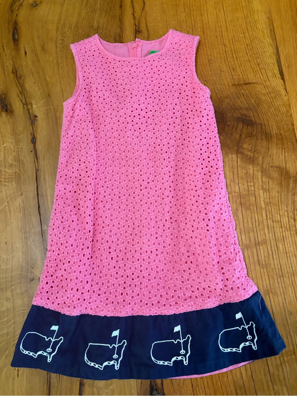 Girls Maters Kids Pink Eyelet Shift Dress, Navy & White Embroidered Trim, Sz XS